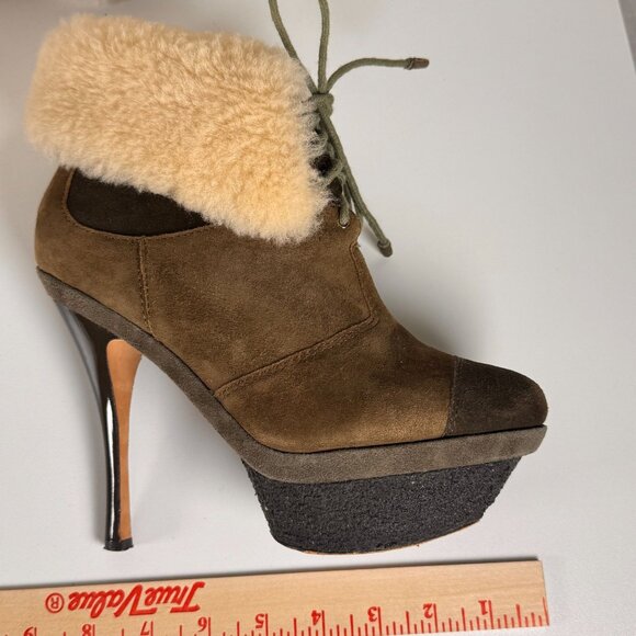 L.A.M.B. Brown Suede Shearling-Lined Platform Ankle Boots Size 7 - Picture 4 of 16